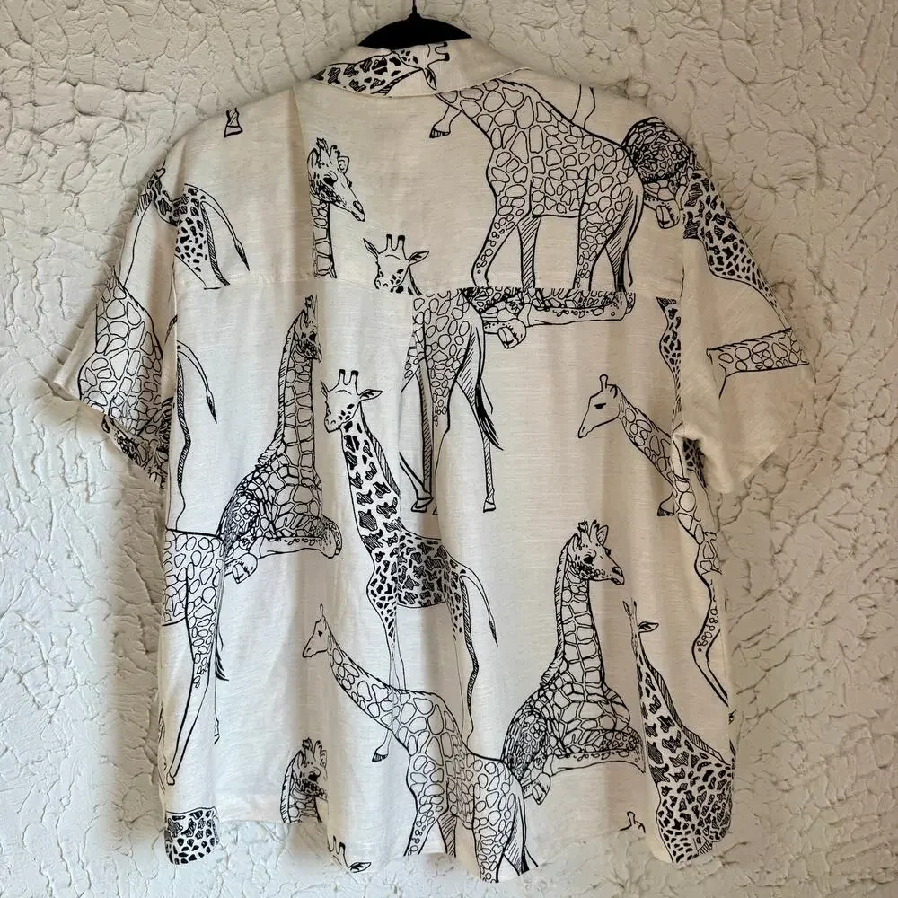 Jane Delancey Giraffe Print Button Up Shirt Linen Blend Safari Animal Print Top - Picture 8 of 10